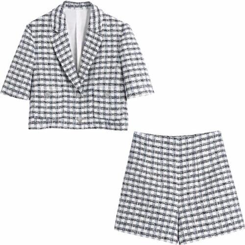 Spring and Autumn Womens Casual Plaid Single-breasted Short Jacket + High Waist Shorts Set