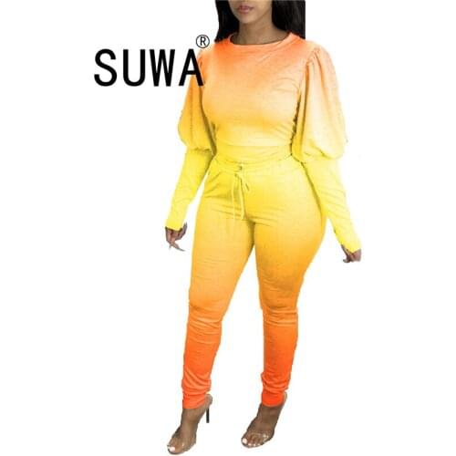 Sexy fashion women two piece tracksuit lounge wear matching sets long sleeve t-shirt + pencil pants trousers suit chic ladies