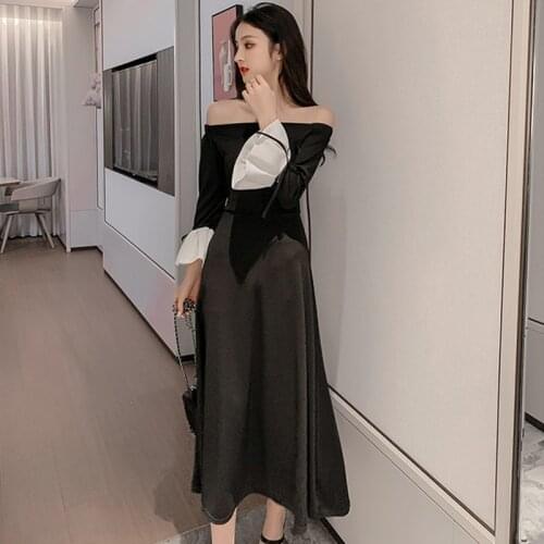 2020 Fashion Trumpet Sleeve Black Female Dress Sexy Word collar Temperament Long Strapless Summer Elegant Korean Women Dresses