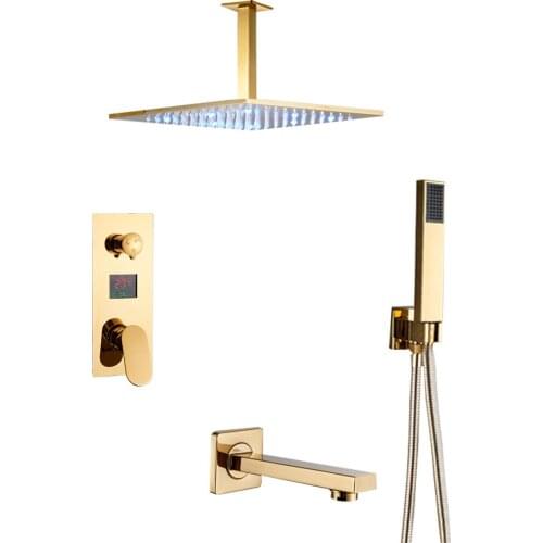 Onyzpily Golden LED 12''Bathroom Shower Faucet Set Digital Display Rain Bath Shower System Waterfall Shower Bathtub Mixer Tap