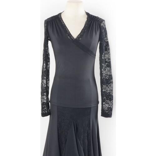 2017 Modern tango Latin dancing top lace V-neck front shoulder fold lace sleeves shirt Waltz flamenco Ballroom dance tops