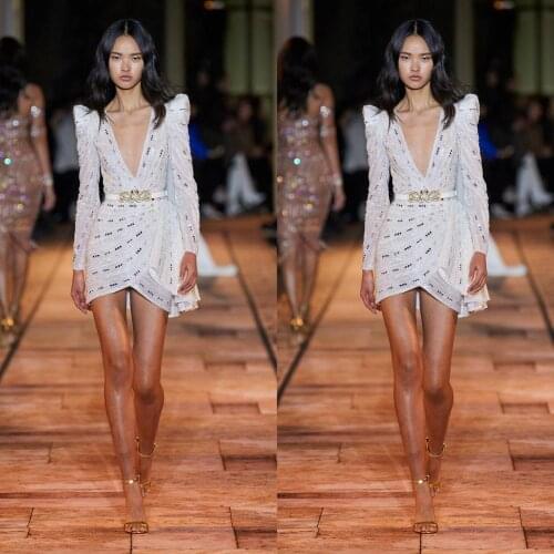 2020 Luxury Short Prom Dresses DeepV Neck Lace Beaded Sequins Long Sleeve Evening Dress Custom Made Mini Cocktail Gowns