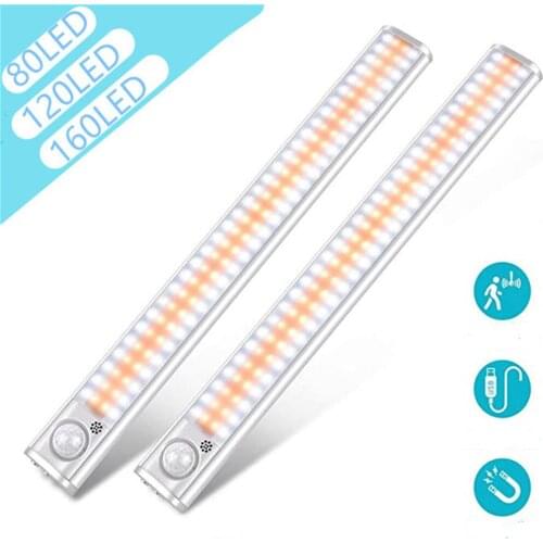 39CM 160 Leds PIR Motion Sensor Led Under Cabinet Light Dual Colors USB Recharge Emergency Night Lamp for Cupboard,Kitchen