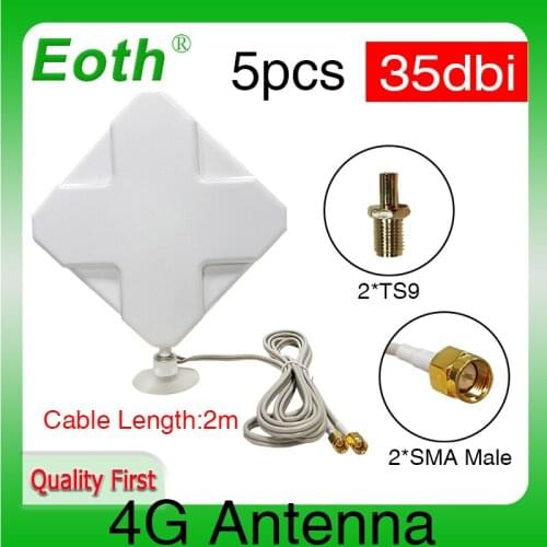 5pcs Eoth 4G Antenna SMA Male 35dBi 2m Antenna 2*SMA connector for 4G Modem Router +Adapter SMA Female to TS9 Male connector