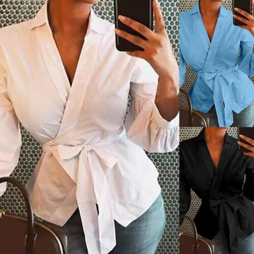 Blue Fashion Women Tops And Blouses Vintage Lantern Sleeve Shirts Tunic Casual Loose V-Neck Elegant OL Blusas Feminina Belted