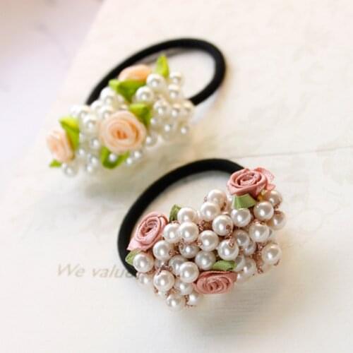 Sweet Pearl Elastic Hair Bands Flower Hair Scrunchies For Women Girls Hair Rope Hair Accessories Beaded Ponytail Hair Tie