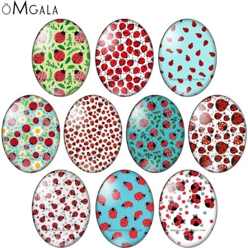 Lovely Red Ladybugs wit Flowers Patterns Background 13x18mm/18x25mm/30x40mm Oval photo glass cabochon flat back Making findings
