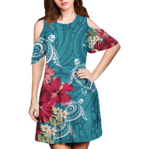 Hycool Latest Sky Blue Polynesian Floral Sexy Lady Dress Casual Off Shoulder Midi Dress Daily Anniversary Vocation Dating Dress