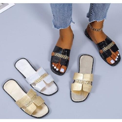 Classic Designer New 2021 Women Flat Flip Flops Double Chain Sandal Slippers Shoes Women Lady Flats Slippers Sandals Shoes Woman