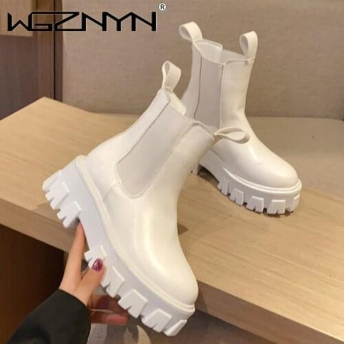 2020 ClassicAnkle Boots for Women Autumn Motorcycle Boots Thick Heel Platform Shoes Woman Slip on Round Toe Fashion Martin Boots