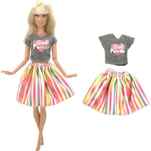 1 Set Doll Clothes Heart Pattern Shirt + Rainbow Skirt Colorful Striped Dress for Barbie Doll Outfit Accessories Toys