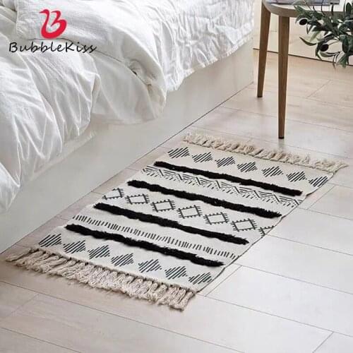 Bubble Kiss Tassel Carpet Cotton Linen Geometric Rug Hand Woven Foot Pad Nordic Ethnic Style Carpet Bedroom Slip Floor Mat Rug