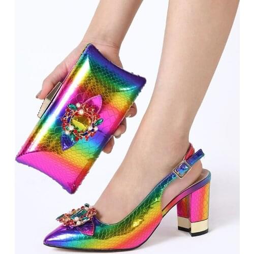 Beautiful colorful women pumps with rhinestone decoration african dress shoes match handbag set V270,heel 9CM