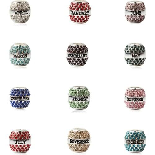 Month Memorial Beads WithTwelve Month Commemorative Bead and Inlaid Zircon Fit Charm Beaded Bracelets and Bangles Accessories