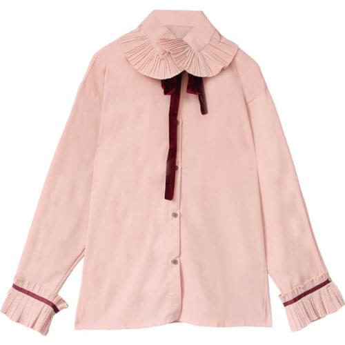 PERHAPS U White Pink Ruffle Bow Women Shirt Long Sleeve Sweet B0372