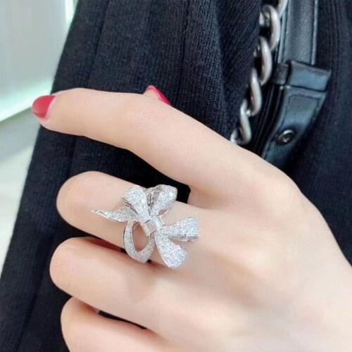 Cute Silver Color Bowknot Rings with Bling Zircon Stone for Women Fashion jewelry
