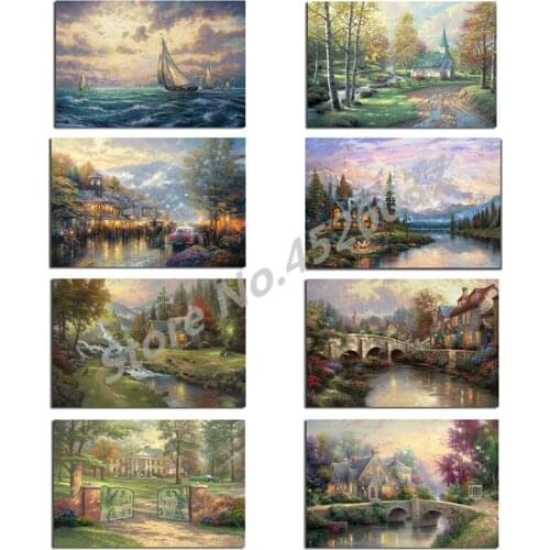 Thomas Kinkade Mountain Wall Art and Prints Oil Canvas Painting Picture for Living Room Self-portrait Photo Artwork Home Decor