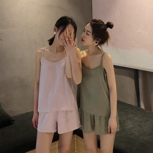 New Pajamas Womens Summer Home Wear Ice Silk Sexy Sling Nightgown Solid 2Pcs Satin Silk Female Sleepwear Lady Nightwear