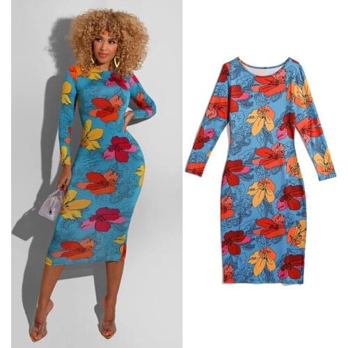 African Print Dresses Party Ladies Clothes Fashion Sexy Bag Hip Printed Crew Neck Long Sleeve Midi Skirt Plus Size Womens Dress