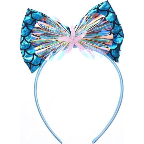 Hair Band Mermaid Decoration Fish Scale Bow Headband Rainbow PU leather Festival Headdress Holiday Birthday Party Accessories