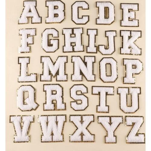 Prajna 1Pcs White Chenille Embroidery Patches Towel Letter Patch For Clothes Gold Sequins Letter Iron On Patches Hotfix Applique