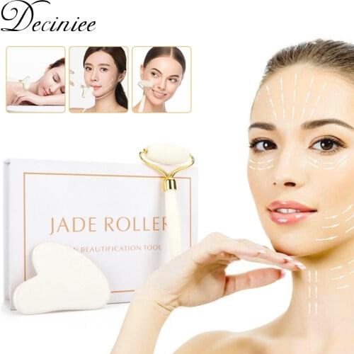 Genuine Jade Stone Massage Natural Quartz Scraper Jade Roller Gua sha Set White Face Lifting Facial Massager Tool for Back Neck