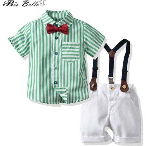 New Kids Outfits Boys Striped Short-sleeved Shirt+Bibs Shorts 2pcs Suit Boy Clothes Set Toddler Boy Pullovers Childrens Sets