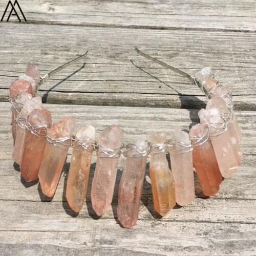 Silvery Wire Wrapped Pink Color Quartz Point Crown Tiara Headband For Women Crystal Crown Wedding Hair Jewelry HG092AMCI
