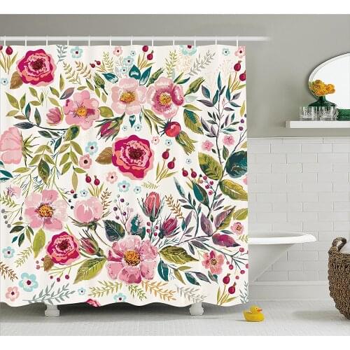 Floral Shower Curtain Shabby Chic Flowers Roses Pedals Dots Leaves Buds Spring Season Artwork Bathroom Decor Set