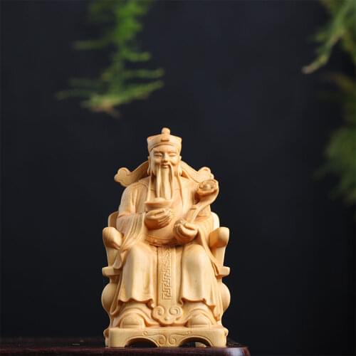 Boxwood 9cm Wealth God Sculpture Wood Lucky Statue Tu Di Gong Home Decor