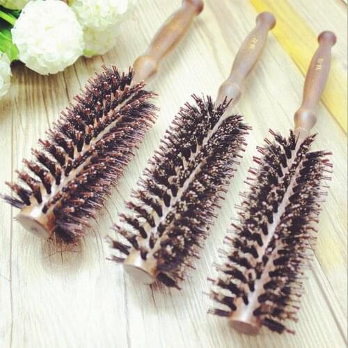 Highly Heat Resistant Wooden Handle Round Hairdressing Comb Curly Style Hairbrush With Bristle