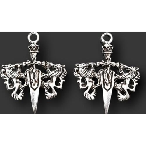 WKOUD 6pcs Silver Color Dagger Crosses Pendant Vintage Crosses Charm Double Silver Dragon Charms Metal Ornament 38*30mm A583