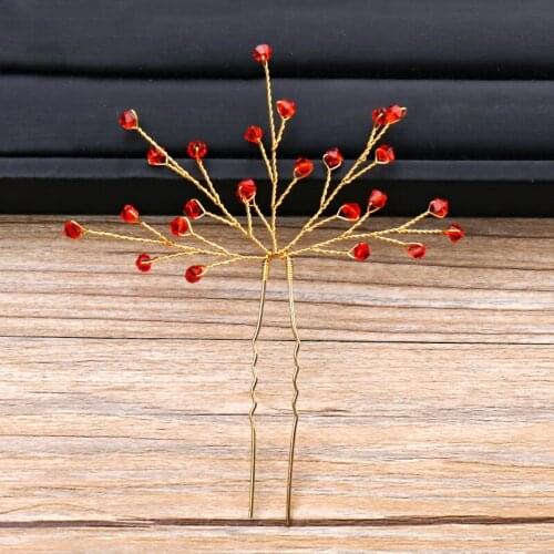 New Design Red Crystal Gold Color Hair Pins Girls Hair Jewelry Accessories Handmade Wedding Headwear Ornament Sticks