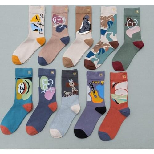 2021 Autumn New Crew Socks Women Cotton Cool Contrasting Color Graffiti Character Streetwear Size 36-40