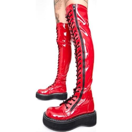 Dipsloot Girls White Black Red Patchwork Cross Lace Up Thigh Boots Woman 3 cm Thick Sole Round Toe Platform Over The Knee Boots