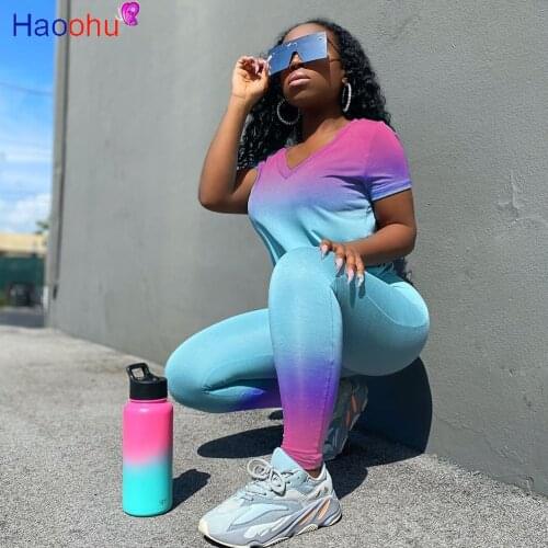 Women Set Two Pieces Sets Summer Tracksuits gradient Print Short Sleeve T-shirt Skinny Leggings Pants Suit Fitness Outfits
