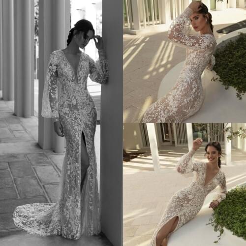 Graceful Lace Mermaid Wedding Dresses Sheer Long Sleeves Front Slit Sexy Beach Wedding Gowns 2020 Bohemian vestido de novia