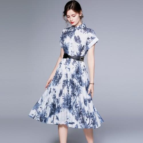 Summer Runway Designer Shirt Dresses Womens Short Sleeve Jungle Ink Print Retro Midi Dress with Belt k8689