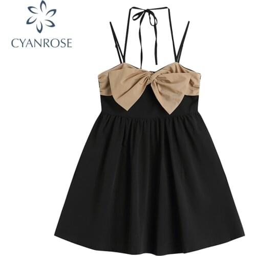 Women Dress With Bownot Sexy Sleeveless 2021 Summer Dress Backless Thin Vestiods Female High Waist Chic Strap Dress Solid Skinny