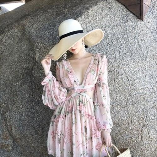 2019 Limited Real Bohemian A-line Ukraine Mini Dress Summer Dress Super Fairy Back Hollow Straps Chiffon Long-sleeved Female