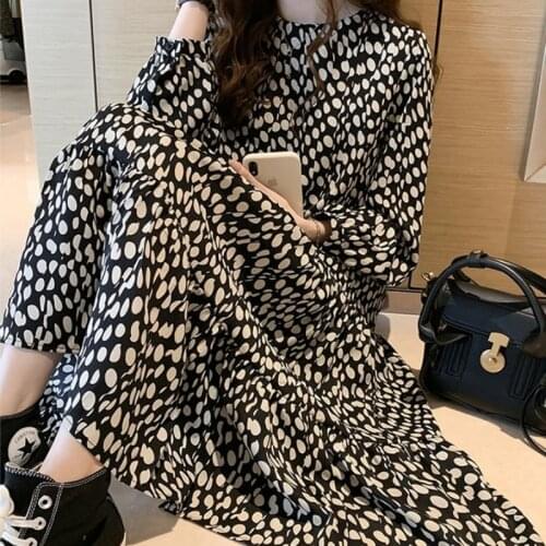 Autumn Chiffon Long Dress Women 2020 Polka Dot Printed One Piece Lady Dress Vintage Long Sleeve Street Wear Slim Fit Vestidos