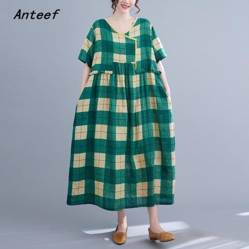 Short sleeve cotton vintage plaid dresses for women casual loose long woman summer dress elegant clothes 2021