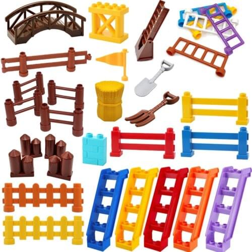 Big Building Blocks Farm Wild Scene Accessories Railing Fence Pillar Bridge Compatible With Duplo Diy Toy For Children Gift
