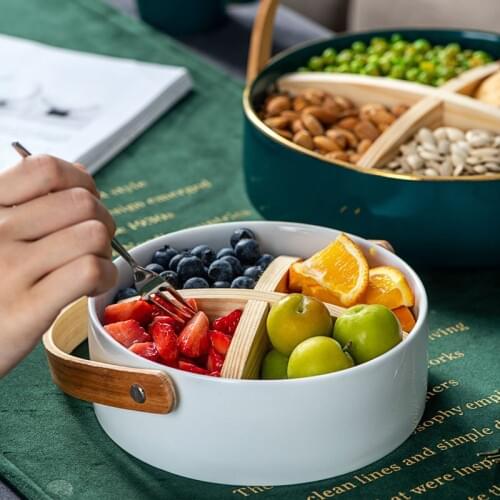 Household ceramic fruit basket creative grid fruit plate with handle solid color living room nut plate dessert plate LB011410