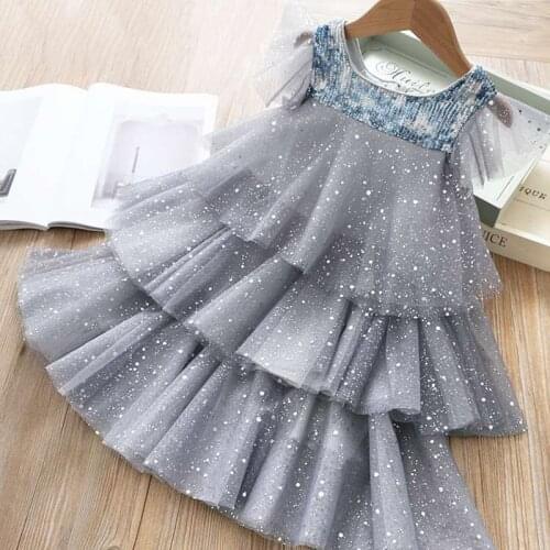Girls Summer Dresses For Kids Fairy Lace Mesh Cake Sequin Layered Princess Dress Children Wedding Party Costume Summer Clothes