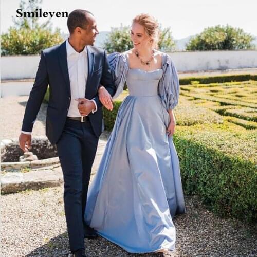 Smileven Elegant Sky Blue Prom Dresses Bishop Sleeves High Slit Taffeta Evening Dresses Sweetheart A-line Long Party Gowns