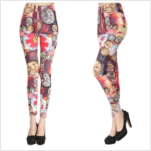 Godier Lady Skinny Pencil Capris England Coin Medal Milk Silk Printing Leggings Currency Printed Tattoo Pants JC0019 328