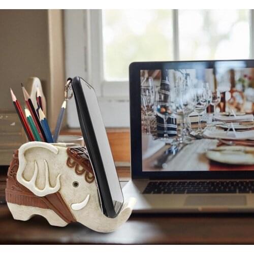 Resin Elephant Shape Pen Storage Pot Pencil Holder With Cell Phone Stand Desk Organizer Decoration Office Stationery
