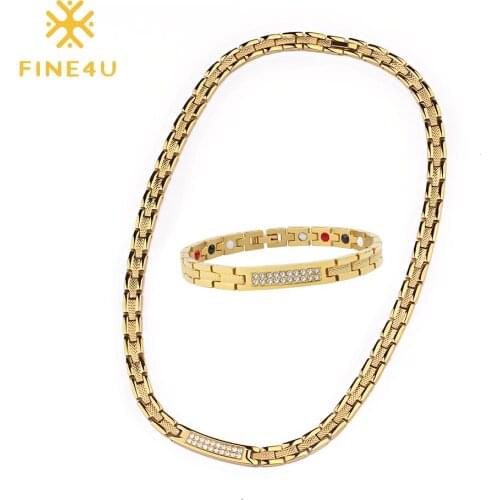 FINE4U N558 Stainless Steel Health Magnetic Necklace Bracelet Sets for Women Energy Therapy Hologram Jewelry 4 Elements