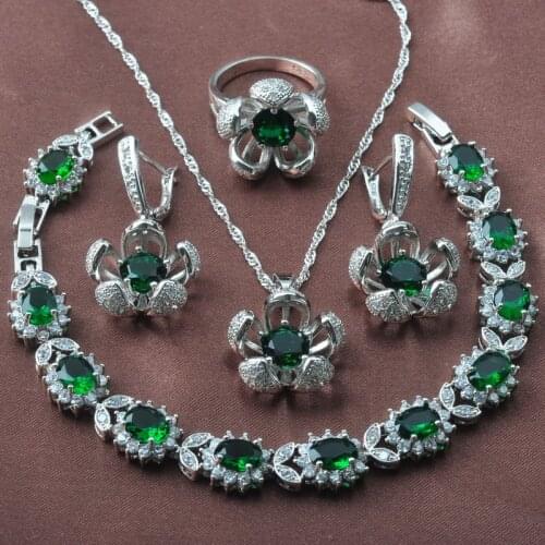 Green Crystal Silver Plated Jewelry Sets For Women Wedding Christmas Gift Earrings Rings Bracelet Set YZ0616